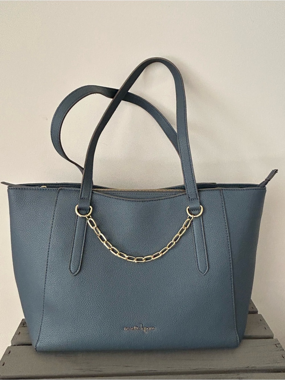 Nanette Lepore Slate Blue Tote Handbag W Decorative Gold Tone Chain EUC